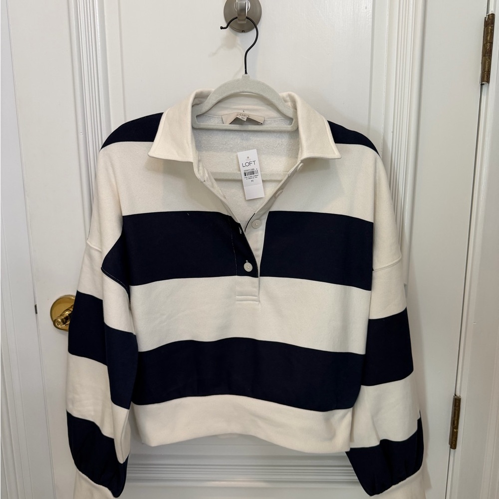 LOFT Women's Striped Rugby Top - navy and White